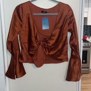 NWT Lucca Couture Satin like Sheen with Pattern Front Tie Blouse & Flare Sleeves